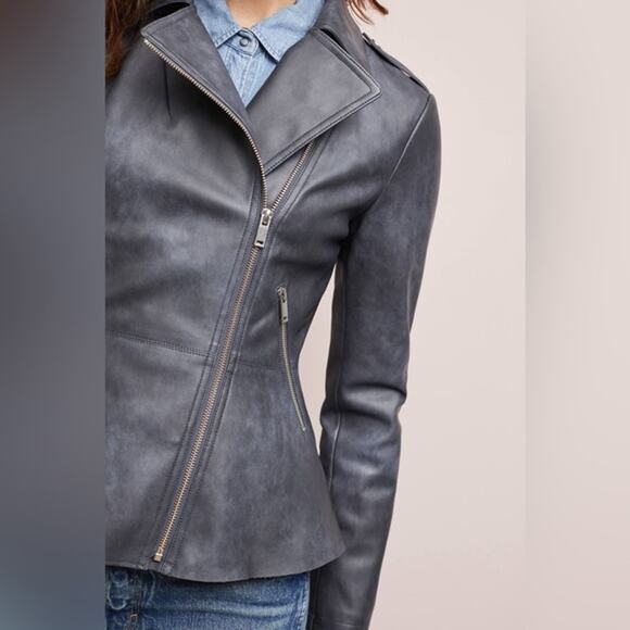 Anthropologie Vegan Leather Jacket Peplum Asymmetrical Moto Gray Size S - Picture 3 of 14